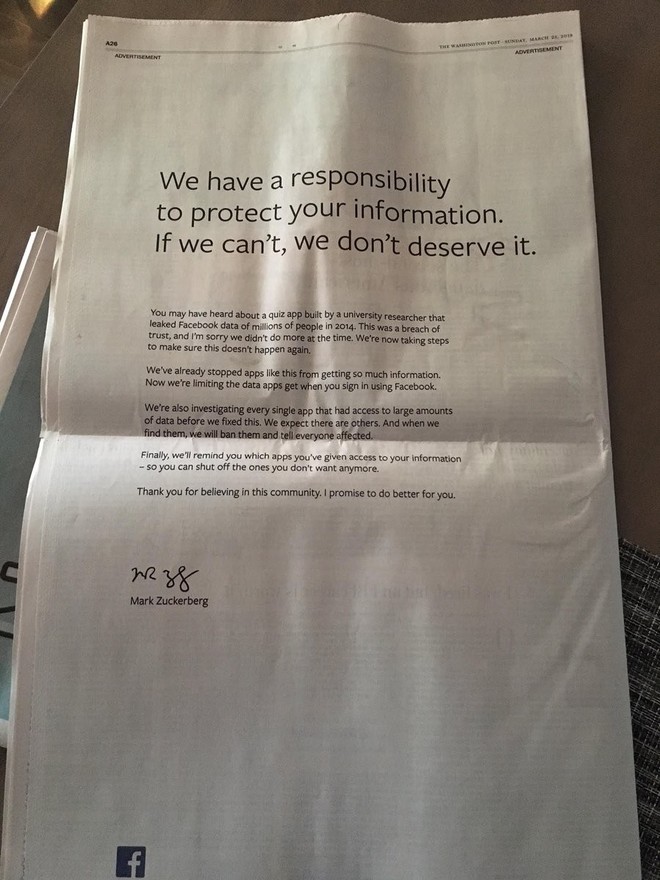 Viết status không ăn thua, Mark Zuckerberg thuê cả quảng cáo trên báo giấy để xin lỗi người dùng - Ảnh 2.