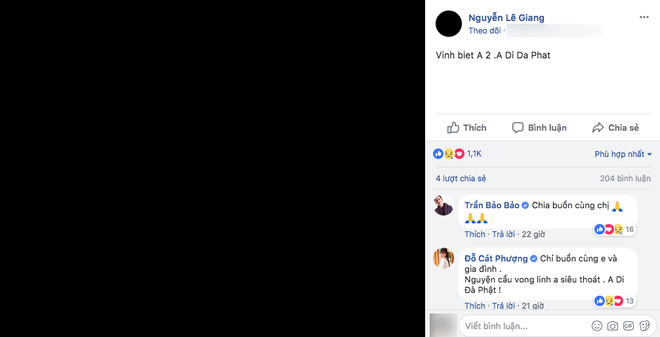 C&aacute;t Phượng v&agrave; d&agrave;n sao Việt gửi lời chia buồn khi anh trai của L&ecirc; Giang qua đời v&igrave; ung thư - Ảnh 1.