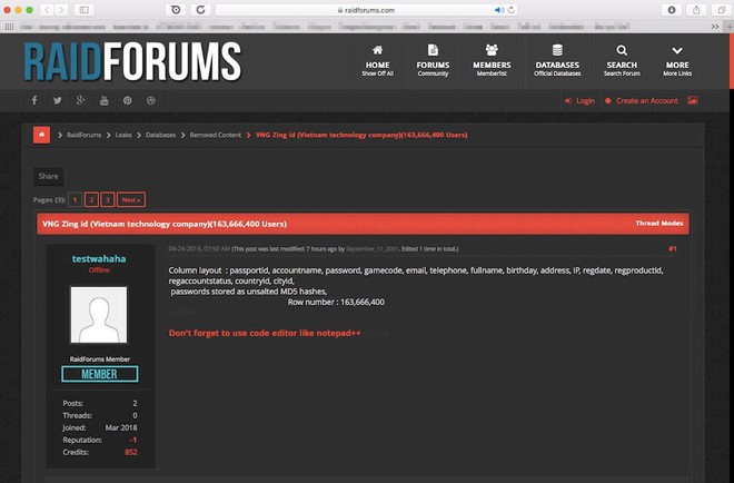163 triệu tài khoản Zing ID bị rao bán trên diễn đàn nước ngoài, VNG nói khách hàng vẫn an toàn - Ảnh 1.