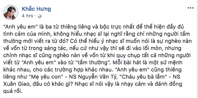 Khắc Hưng, Khắc Việt bức xúc phản pháo phát ngôn người tầm thường mới viết ca từ kiểu anh yêu em của Lê Minh Sơn - Ảnh 2.