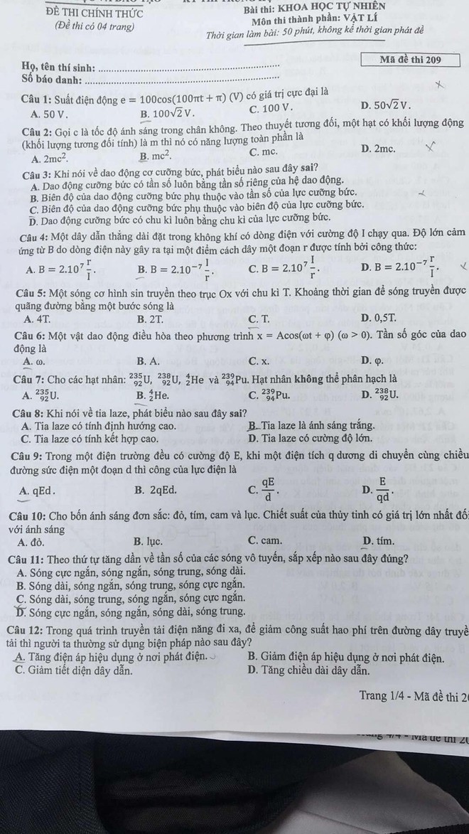 Đề thi Vật Lý: Đề rất khó, chỉ có 10 phút nghỉ giữa các môn, thí sinh không xoay xở kịp - Ảnh 1.