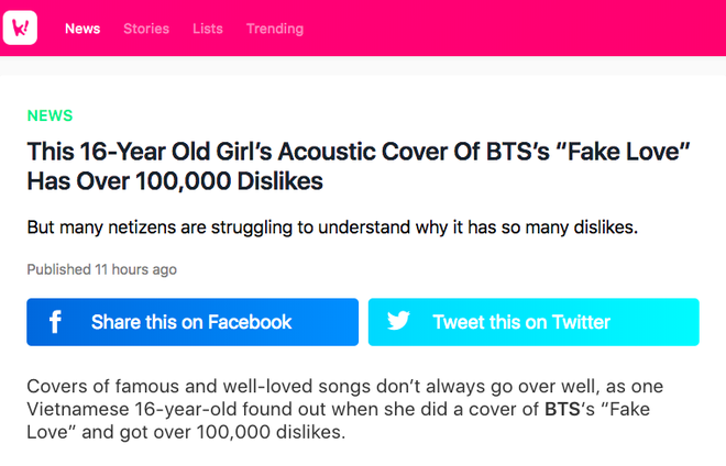 Netizen Việt sốc v&igrave; bản cover Fake Love của Linh Ka, c&ograve;n b&aacute;o H&agrave;n sốc v&igrave; lượng dislike hơn 100k v&agrave; nội dung ho&agrave;n to&agrave;n kh&aacute;c bản gốc - Ảnh 2.