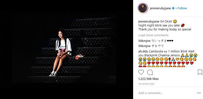 Jennie lên tiếng trấn an fan sau sự cố té ngã tại concert Black Pink - Ảnh 1.