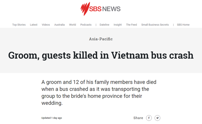 Báo nước ngoài đồng loạt đưa tin vụ chú rể và 12 người thân trong đoàn rước dâu tử vong vì tai nạn ở Bình Định - Ảnh 1.