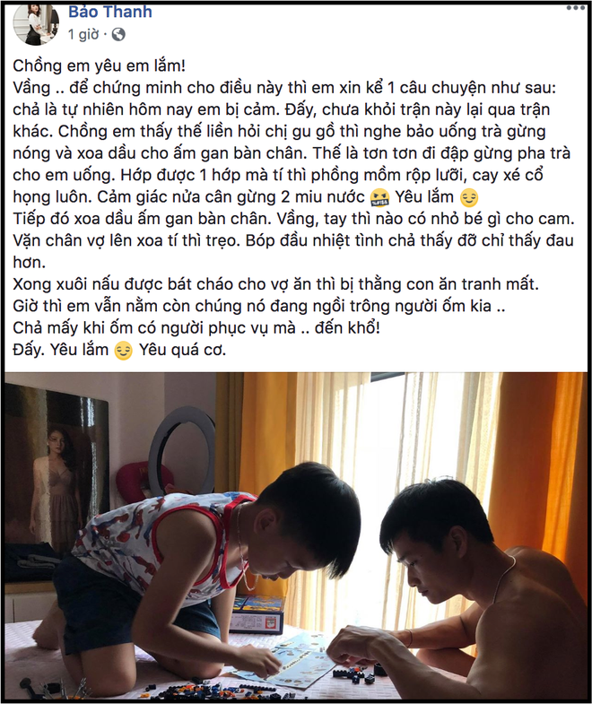 Bảo Thanh hạnh phúc khoe được ông xã yêu chiều hết mực, chăm sóc từng li từng tí khi vợ bị ốm - Ảnh 1.