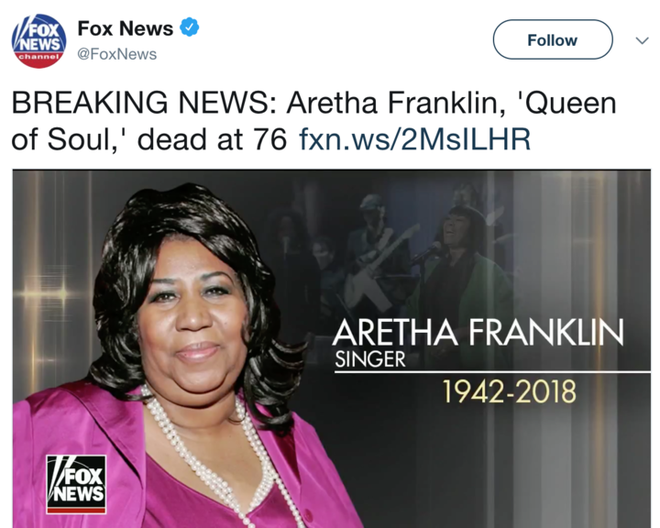Hãng thông tấn Mỹ đăng tin danh ca Aretha Franklin qua đời nhưng dùng nhầm ảnh ca sĩ khác vẫn còn sống - Ảnh 1.
