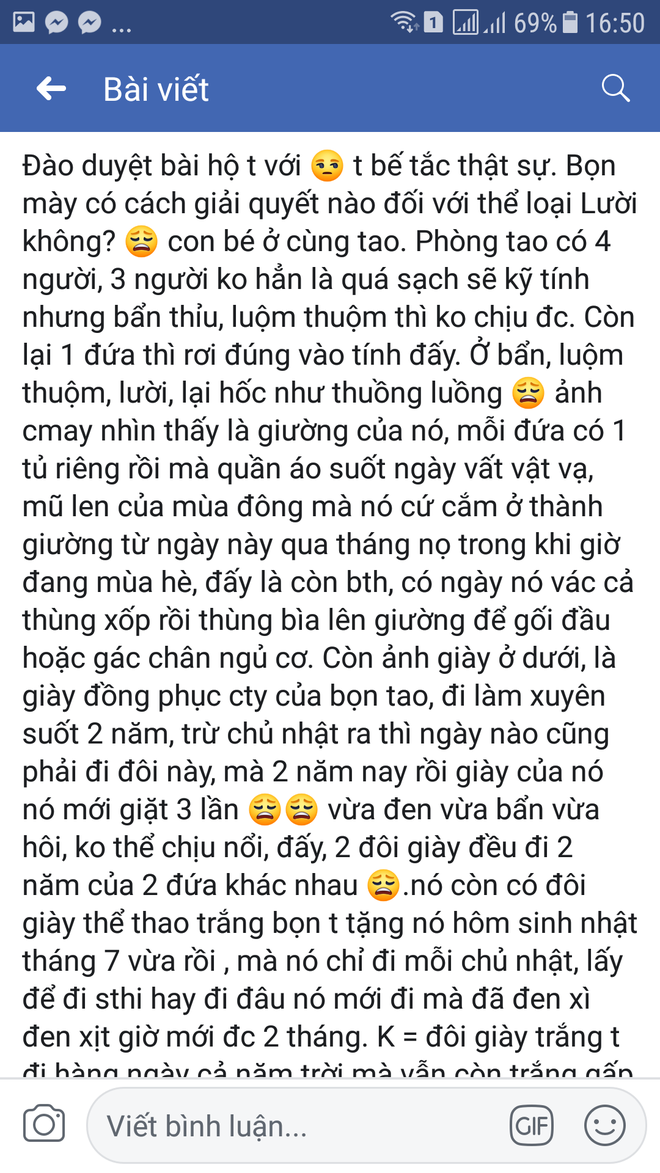 Cô gái lên mạng nhờ 500 anh em bày cách trị cao thủ ở bẩn cùng phòng: Quần áo mặc mấy ngày không giặt, 2 năm đánh đôi giày trắng được 3 lần - Ảnh 1.