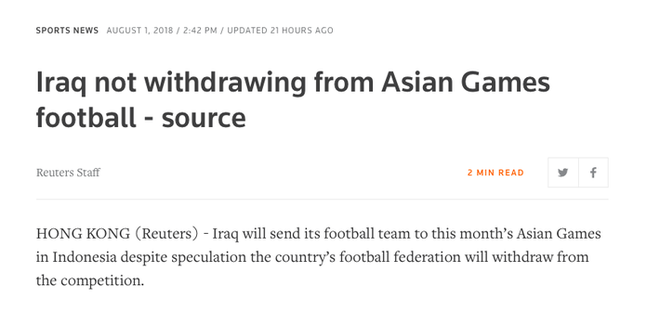 LĐBĐ Iraq phủ nhận r&uacute;t khỏi ASIAD 2018, người h&acirc;m mộ kh&ocirc;ng biết tin ai - Ảnh 2.