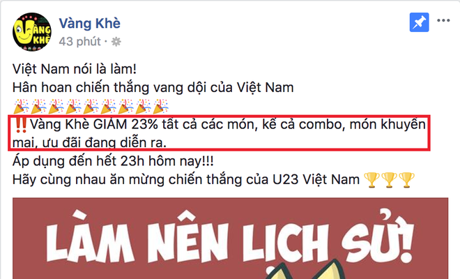 Không chỉ giảm giá cực mạnh, hàng loạt quán ăn quyết FREE sau chiến thắng của U23 Việt Nam hôm nay - Ảnh 15.