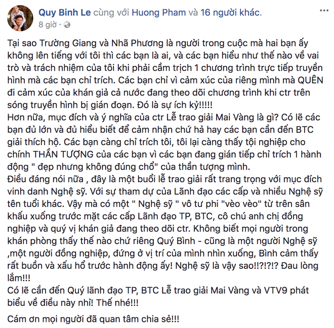 MC Quý Bình buồn và xấu hổ trước hành động cầu hôn bất ngờ của Trường Giang tại lễ trao giải Mai Vàng - Ảnh 1.