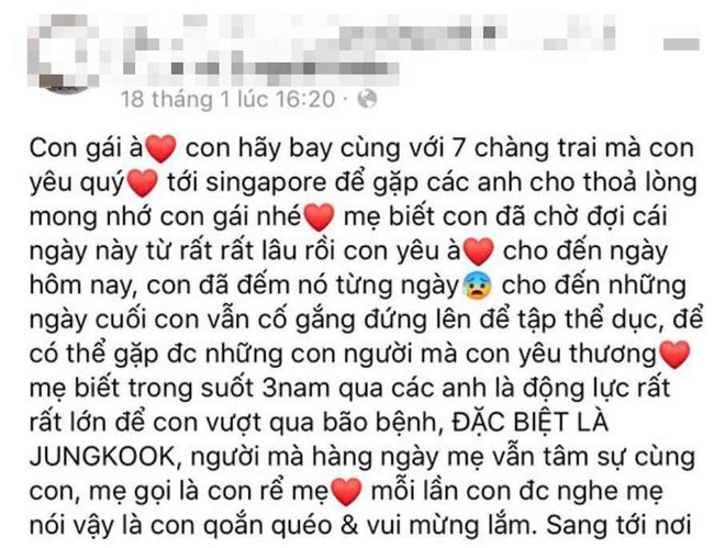 Câu chuyện fan BTS Việt bị ung thư gây bão MXH Hàn: Cố gượng để gặp idol lần cuối nhưng đột ngột qua đời trước show - Ảnh 3.