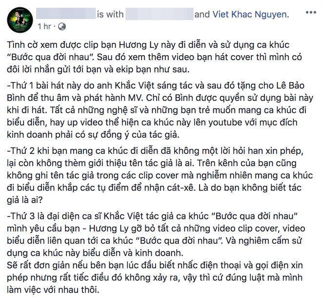 Nóng: Đại diện nhạc sĩ Khắc Việt tố Hương Ly cover Bước Qua Đời Nhau chưa xin phép, yêu cầu gỡ bỏ video! - Ảnh 1.