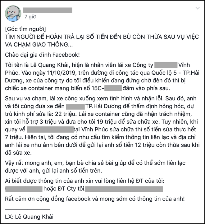 Câu chuyện ấm lòng: Được đền 19 triệu sau va chạm giao thông nhưng chỉ sửa xe hết 7 triệu, tài xế ô tô đem trả lại tiền thừa - Ảnh 1.