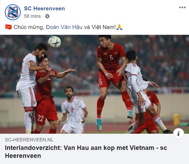CLB Heerenveen ch&uacute;c mừng Văn Hậu v&agrave; Việt Nam sau thắng lợi thuyết phục trước UAE - Ảnh 2.