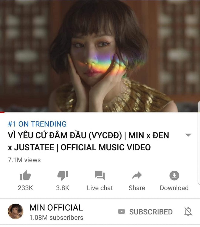 Trước khi video trận Việt Nam - Thái Lan lên YouTube, Min đã kịp lần thứ 3 lên đỉnh top trending với Vì Yêu Cứ Đâm Đầu - Ảnh 2.