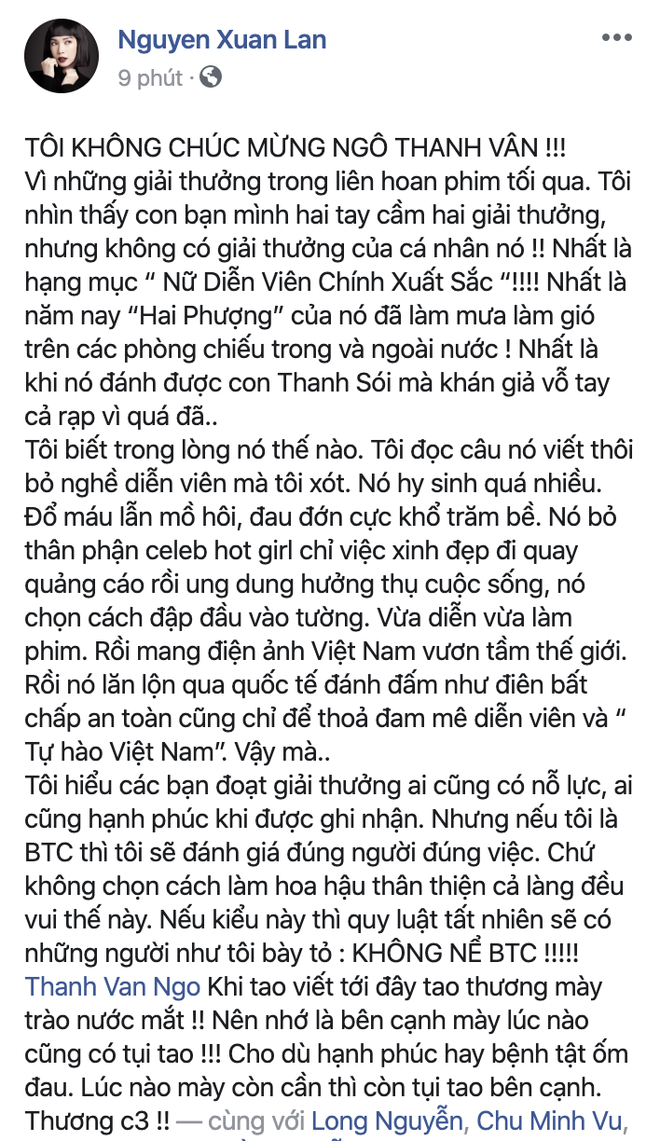 Xuân Lan phẫn nộ tố LHP Việt Nam 2019 bất công vì ngó lơ Ngô Thanh Vân, chính chủ đáp luôn: Chỉ mày hiểu bộ lòng tao! - Ảnh 2.