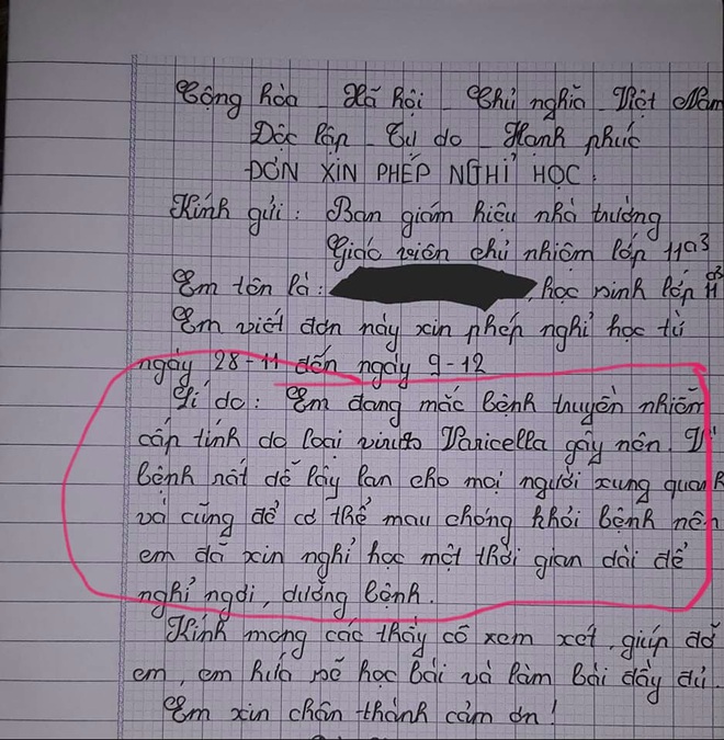 Thấy học sinh viết đơn xin nghỉ do mắc bệnh truyền nhiễm cấp tính virus gây ra, cô giáo tức tốc hỏi thăm nào ngờ nhận phải cú lừa hài hước - Ảnh 1.