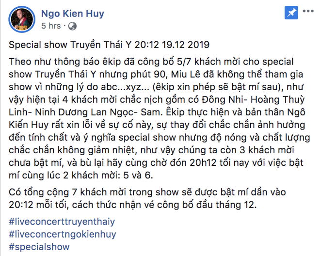 Miu Lê bất ngờ rút lui khỏi special show, quản lý Ngô Kiến Huy lên tiếng hờn mát: Giờ thì hiểu rồi, xin cạch luôn - Ảnh 1.