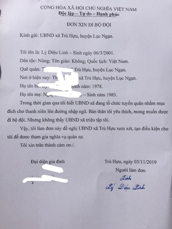 Bất chấp bị bố mẹ ngăn cản, nữ sinh Bắc Giang 18 tuổi bảo lưu đại học, nộp đơn lên đường đi nghĩa vụ quân sự - Ảnh 2.