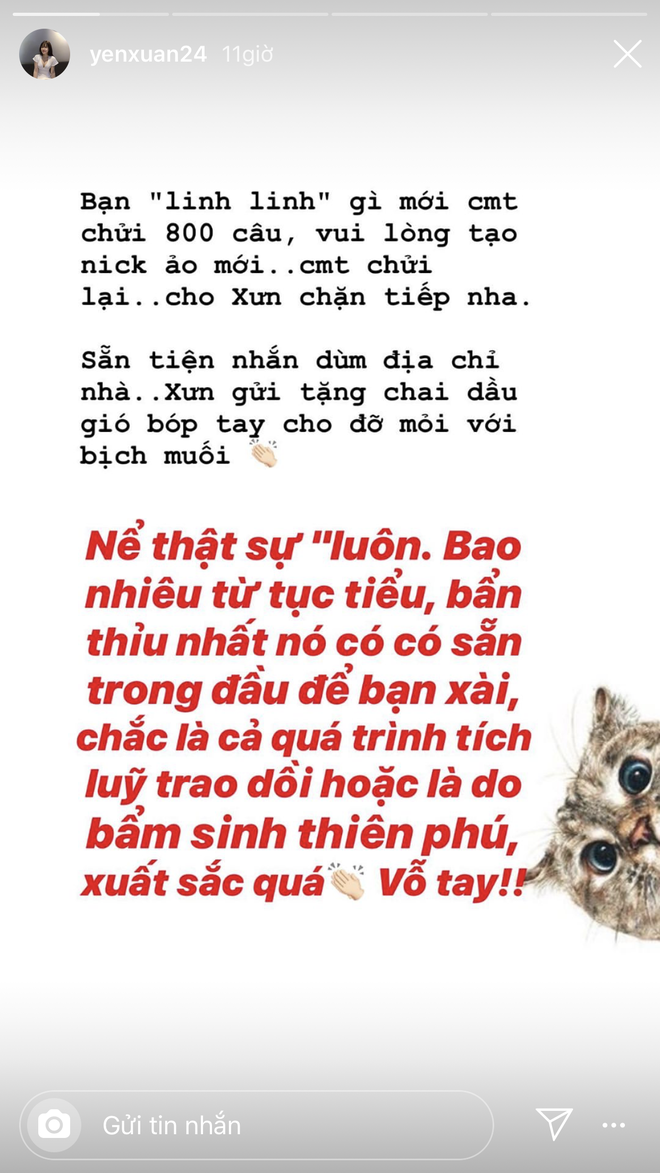 Bị ai chọc tức m&agrave; Yến Xu&acirc;n đanh đ&aacute; th&aacute;ch thức cứ lập nick ảo chửi tiếp đi, mỏi tay th&igrave; để ship dầu gi&oacute; b&oacute;p tay đỡ mỏi n&egrave; - Ảnh 2.