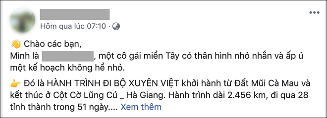 Cô gái miền Tây lên FB tìm nhà tài trợ để chuẩn bị đi bộ xuyên Việt gần 2,500km trong 51 ngày: Dân mạng lập tức chia 2 phe - Ảnh 1.