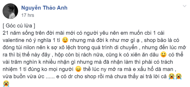 Mua quà Valentine qua mạng tặng người yêu, cô gái khóc ròng khi nhận về hộp dâu méo mó khác xa hình quảng cáo - Ảnh 1.