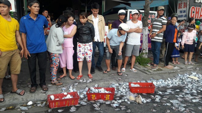 &Ocirc; t&ocirc; tải h&uacute;c văng 3 người đi xe m&aacute;y rồi lật nh&agrave;o, 2 tấn c&aacute; tr&agrave;n xuống đường - Ảnh 3.
