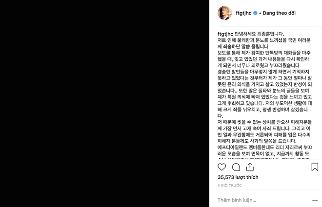 Học theo Seungri, cựu trưởng nhóm FT.Island cũng đã đăng thư xin lỗi trên instagram sau hàng loạt bê bối chấn động - Ảnh 2.