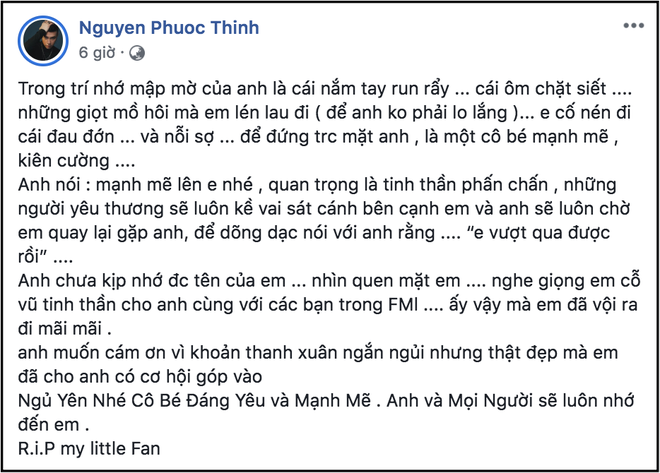 Noo Phước Thịnh viết t&acirc;m thư, đau buồn khi nghe tin fan ruột qua đời v&igrave; bị bệnh hiểm ngh&egrave;o - Ảnh 1.