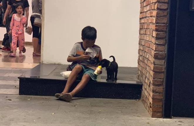 Hình ảnh xúc động: Chỉ có 1 gói sữa nhưng cậu bé san đôi, vừa uống vừa bón cho chú chó nhỏ trên vỉa hè - Ảnh 1.
