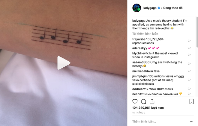 Thật khó tin: Đăng video khoe hình xăm sương sương, Lady Gaga lập kỷ lục video 104 triệu view trên Instagram - Ảnh 2.