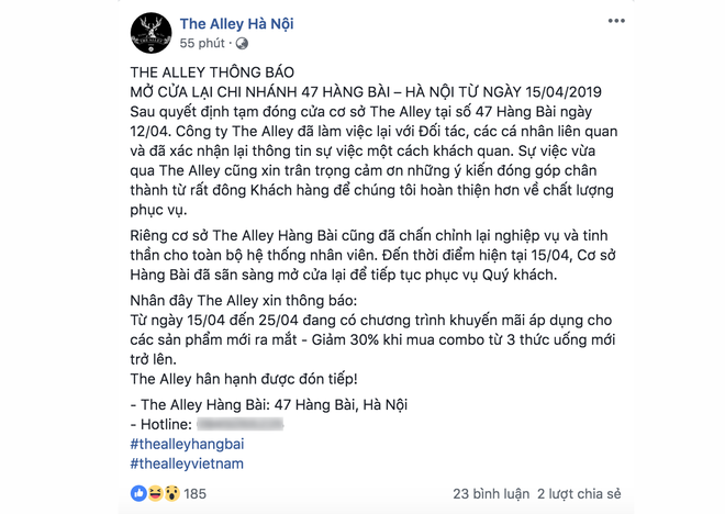 Đóng cửa đúng 3 ngày vì lùm xùm thái độ, The Alley Hàng Bài rình rang trở lại - Ảnh 1.