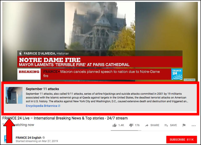 YouTube nhận nhầm vụ cháy Nhà thờ Đức Bà Paris thành khủng bố 11/9 tại Mỹ - Ảnh 1.