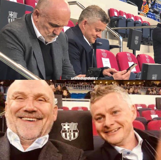 Solskjaer cười sảng kho&aacute;i khi đi trinh th&aacute;m Barcelona, fan MU tr&ecirc;u: Chắc đi xem cho vui, Barca đ&aacute; thế sao chơi - Ảnh 5.
