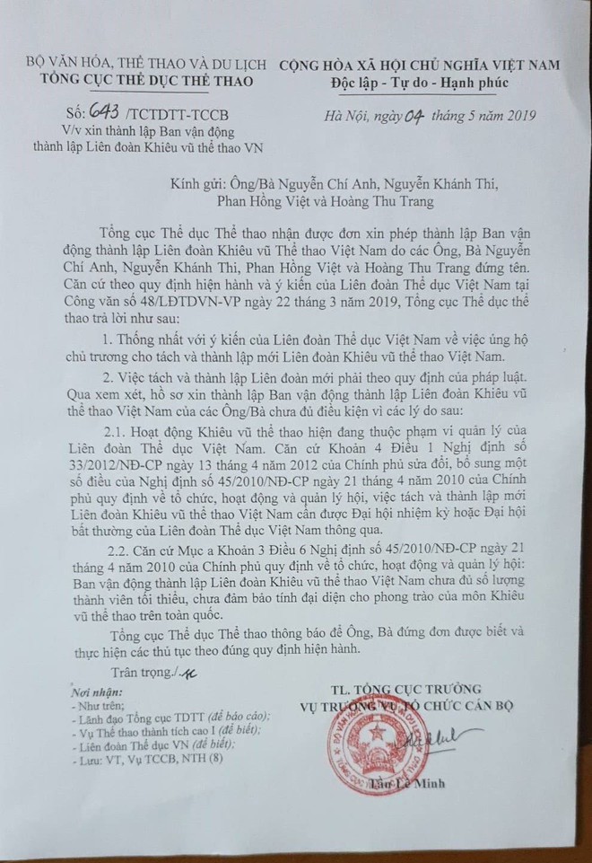 Tổng cục TDTT và Liên đoàn thể dục Việt Nam đồng ý cho thành lập Liên đoàn khiêu vũ thể thao Việt Nam - Ảnh 1.