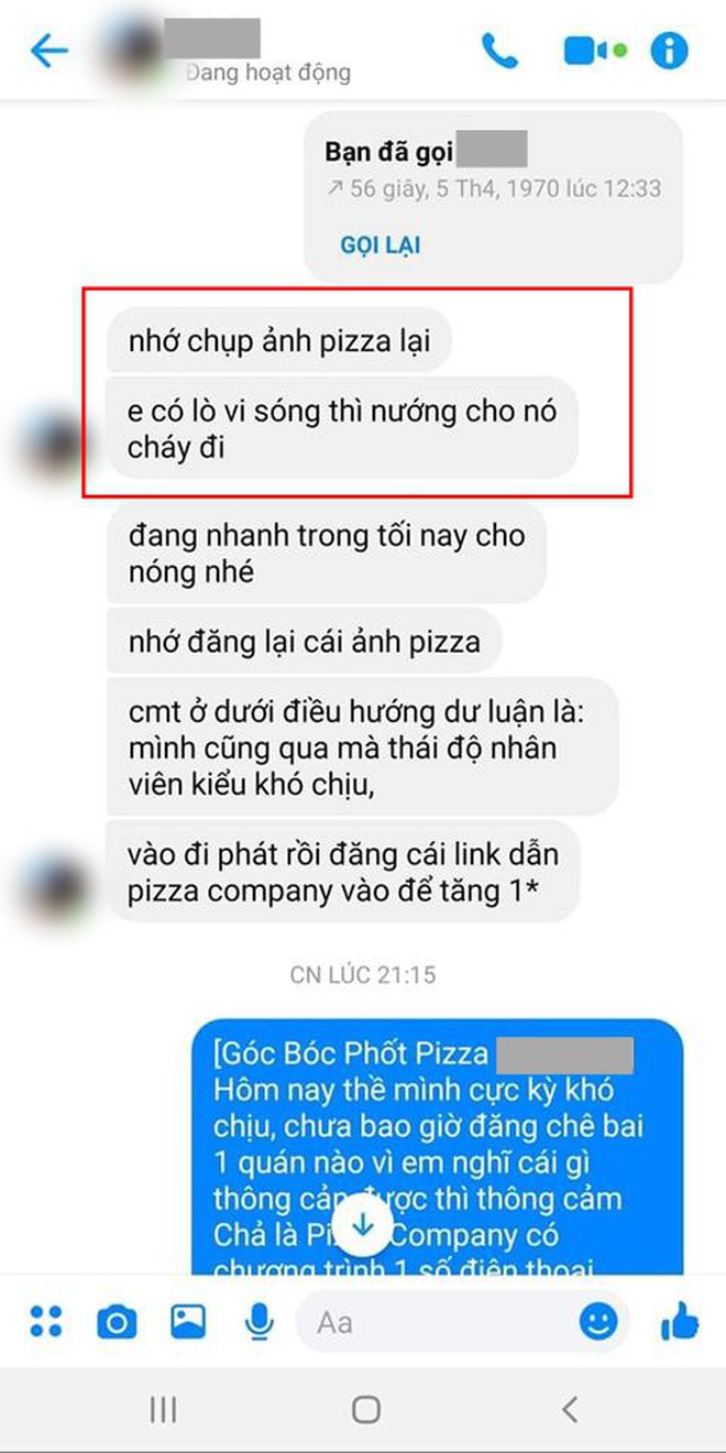 Lá» tin nháº¯n nghi cá»§a admin há»i review Äá» Än, báº£o &quot;nÆ°á»ng cho b&#225;nh ch&#225;y Äi&quot; Äá» ÄÄng b&#224;i &quot;b&#243;c phá»t&quot; má»t cá»­a tiá»m pizza á» Thanh H&#243;a - áº¢nh 2.