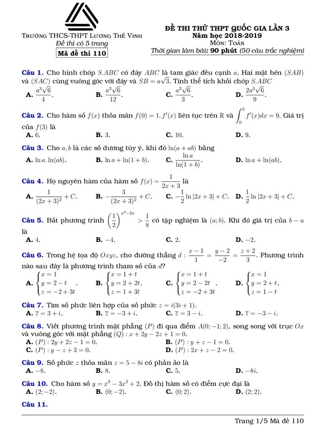 Đáp án đề thi thử THPT quốc gia 2019 môn Toán THPT Lương Thế Vinh - Hà Nội - Ảnh 2.
