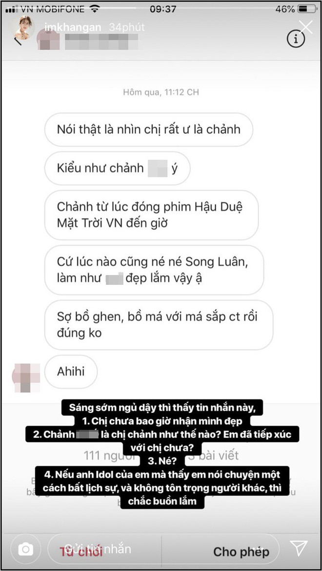 Bị fan Song Luân gửi tin nhắn chê tính cách quá chảnh, Khả Ngân lập tức đáp trả - Ảnh 1.