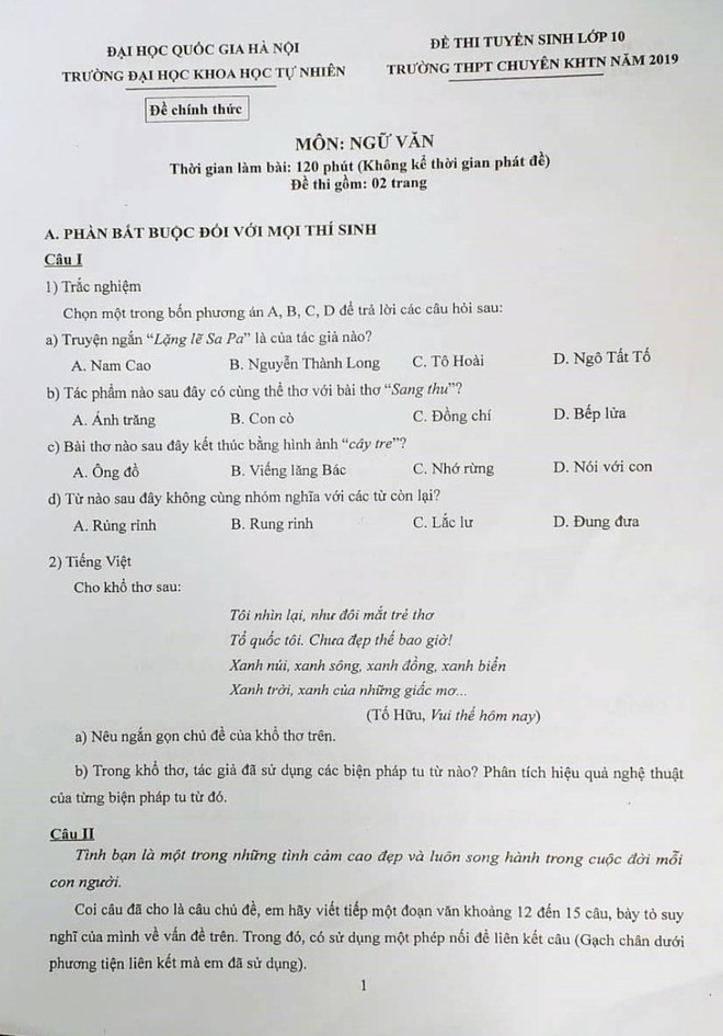 Đề thi môn Văn lớp 10 của Trường THPT Chuyên Khoa học Tự nhiên: Quá dễ so với tưởng tượng của thí sinh - Ảnh 1.