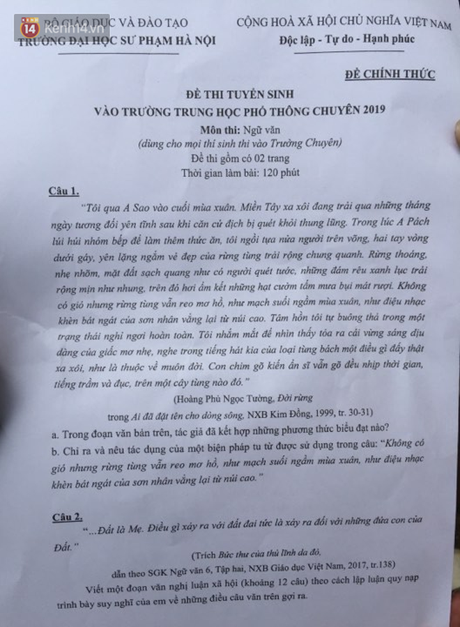 Đề thi môn Ngữ Văn vào lớp 10 trường chuyên hot nhất Hà Nội: Yêu cầu thí sinh trình bày vai trò đất đai! - Ảnh 1.