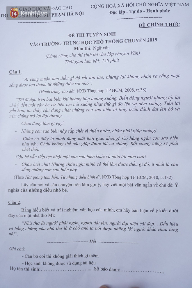 Đề thi Ngữ Văn hệ Chuyên trường Sư Phạm: Không nhẹ nhàng, đơn giản như buổi sáng - Ảnh 1.