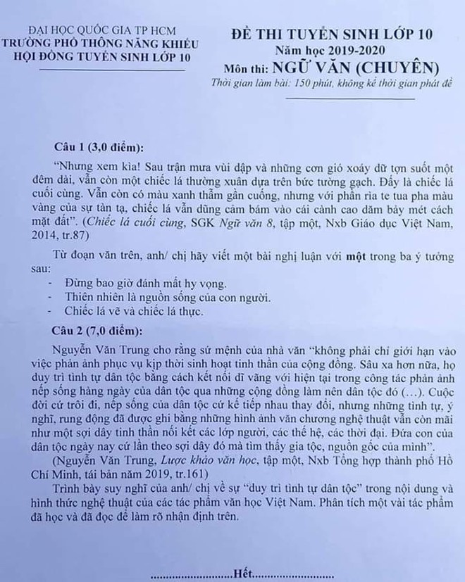 Đề thi vào lớp 10 chuyên Văn yêu cầu thí sinh nêu suy nghĩ về “duy trì tình tự dân tộc” - Ảnh 1.