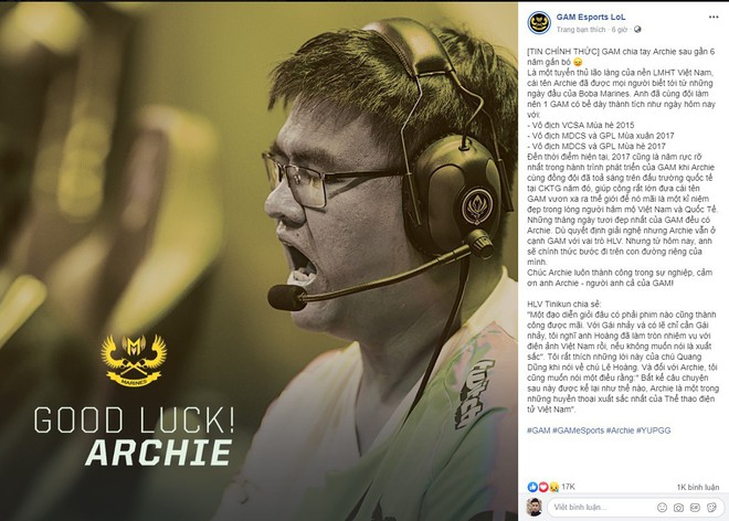 Chính thức: Huyền thoại Archie chia tay GAM Esports sau 6 năm gắn bó - Ảnh 1.