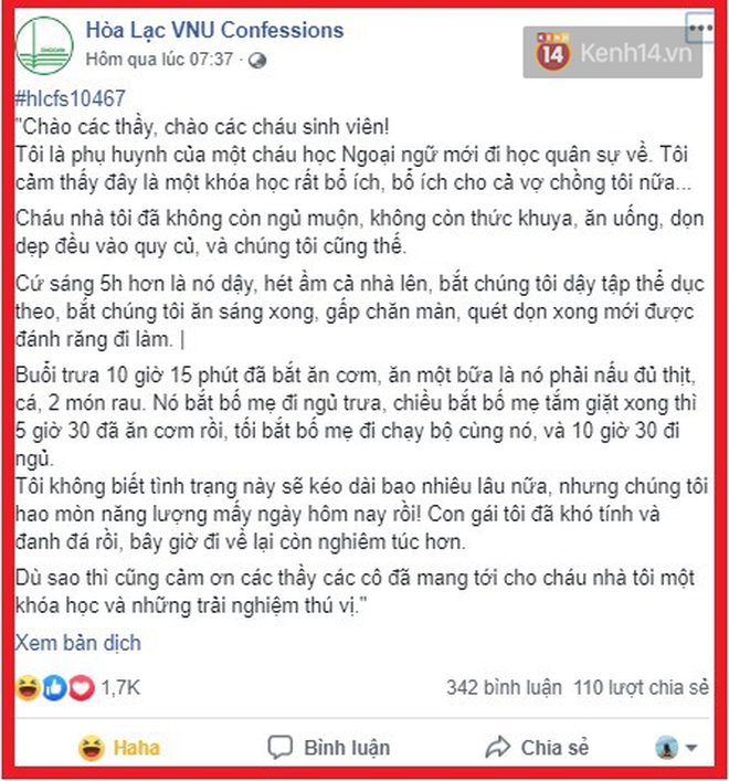 Phì cười trước tâm sự của phụ huynh sau khi con đi học quân sự về: 5h sáng nó bắt tôi dậy tập thể dục, 10h ăn cơm trưa, 17h ăn cơm tối... - Ảnh 1.