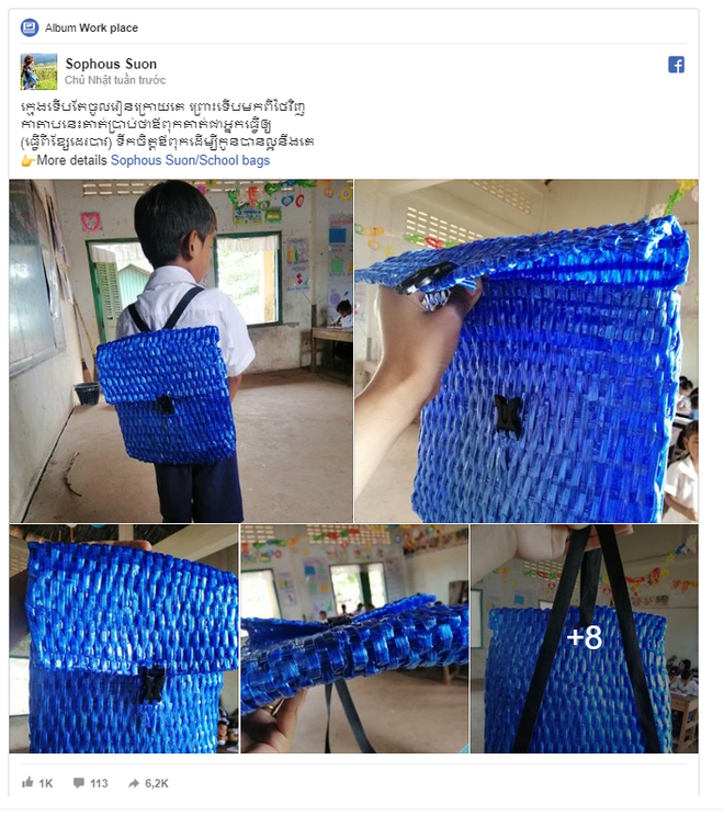Cậu b&eacute; Campuchia bỗng nổi tiếng nhờ chiếc cặp bằng sợi cọ xanh độc đ&aacute;o nhưng c&acirc;u chuyện đằng sau lại khiến mọi người cảm động - Ảnh 3.