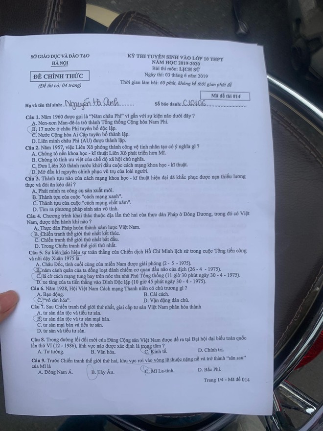 Đề thi môn Lịch sử vào lớp 10 tại Hà Nội năm 2019: Dễ thở, toàn kiến thức đã học trong SGK - Ảnh 1.