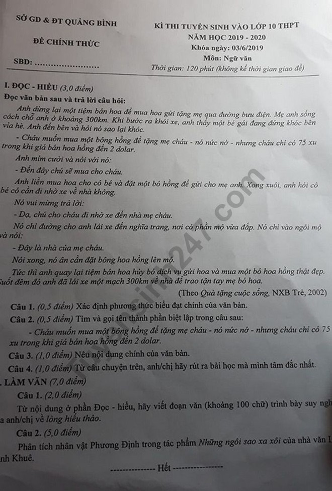 Xôn xao đề thi vào lớp 10 môn Ngữ Văn Quảng Bình giống y hệt đề kiểm tra học kỳ 2 lớp 9 trước đó không lâu - Ảnh 1.