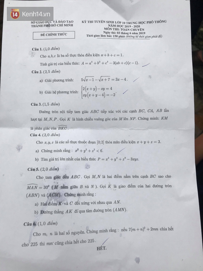 Đáp án đề thi chuyên Toán vào lớp 10 tại TP HCM năm 2019 - Ảnh 1.