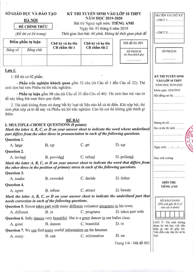 Đề thi môn Tiếng Anh vào lớp 10 tại Hà Nội 2019 rất dễ, học sinh khá giỏi chỉ mất 25 phút làm bài - Ảnh 1.