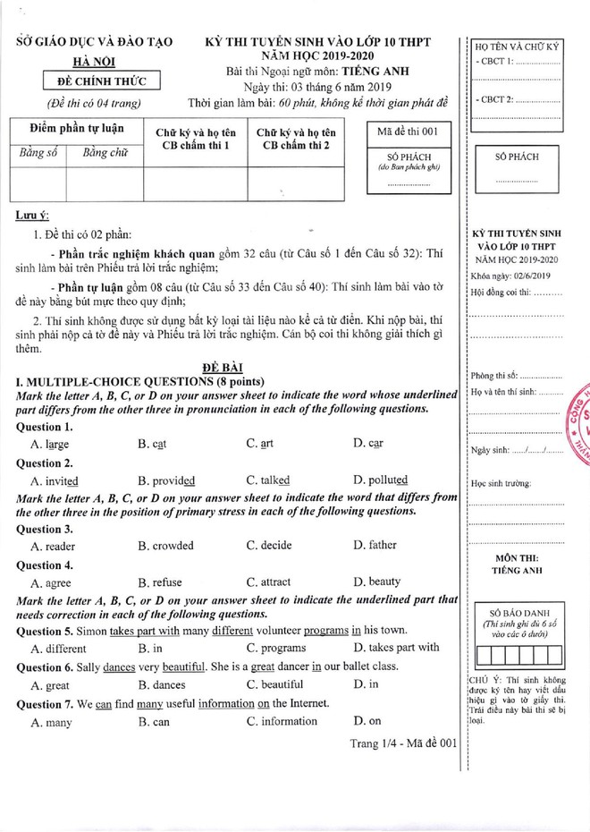 Đề thi m&ocirc;n Tiếng Anh v&agrave;o lớp 10 tại H&agrave; Nội 2019 rất dễ, học sinh kh&aacute; giỏi chỉ mất 25 ph&uacute;t l&agrave;m b&agrave;i - Ảnh 1.